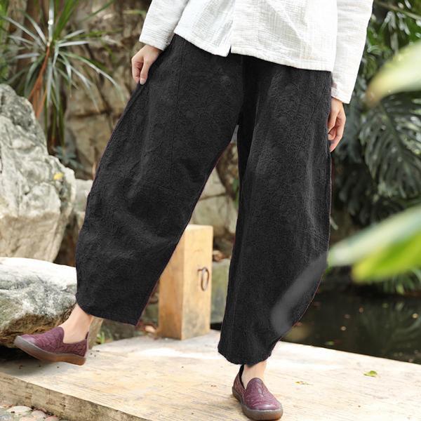 Vintage Fashion Women Chic Jacquard Linen Ankle Length Black Pants