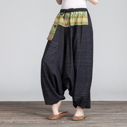 Retro Women Lacing Casual Linen Loose Black And Yellow Pants