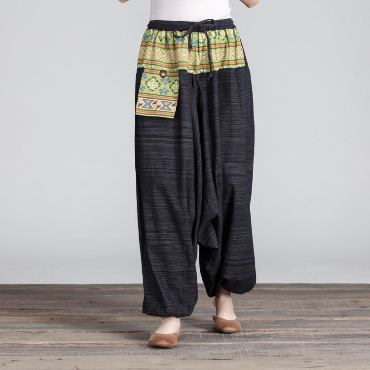 Retro Women Lacing Casual Linen Loose Black And Yellow Pants