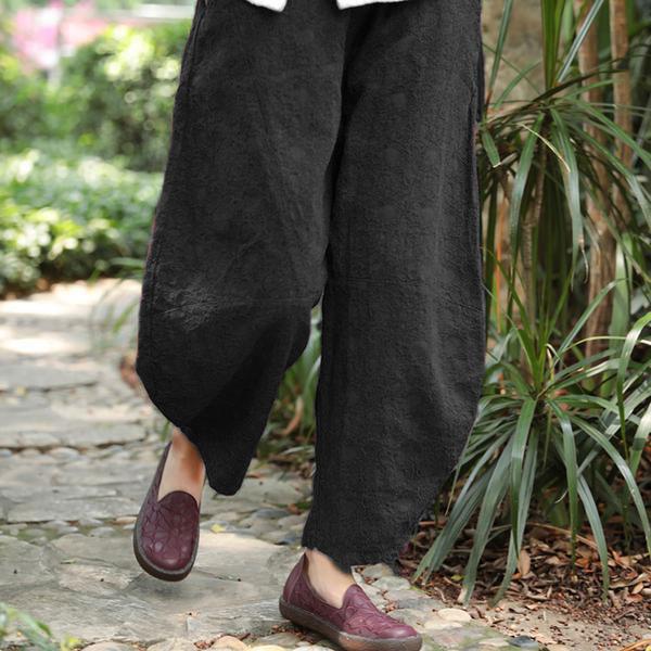 Vintage Fashion Women Chic Jacquard Linen Ankle Length Black Pants
