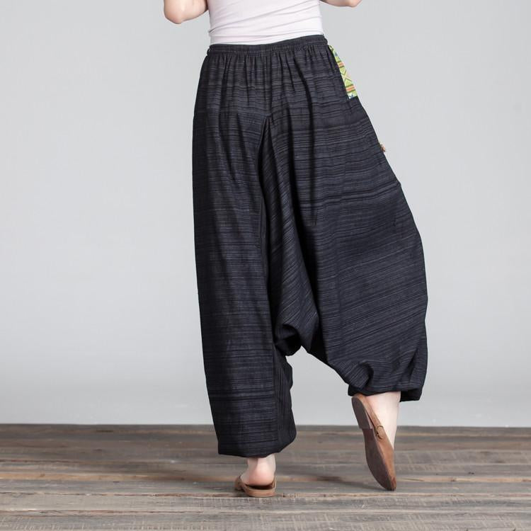 Retro Women Lacing Casual Linen Loose Black And Yellow Pants