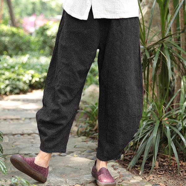 Vintage Fashion Women Chic Jacquard Linen Ankle Length Black Pants