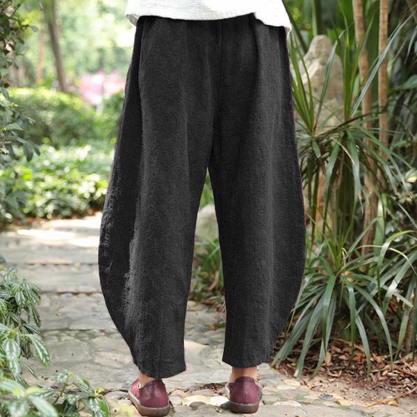 Vintage Fashion Women Chic Jacquard Linen Ankle Length Black Pants