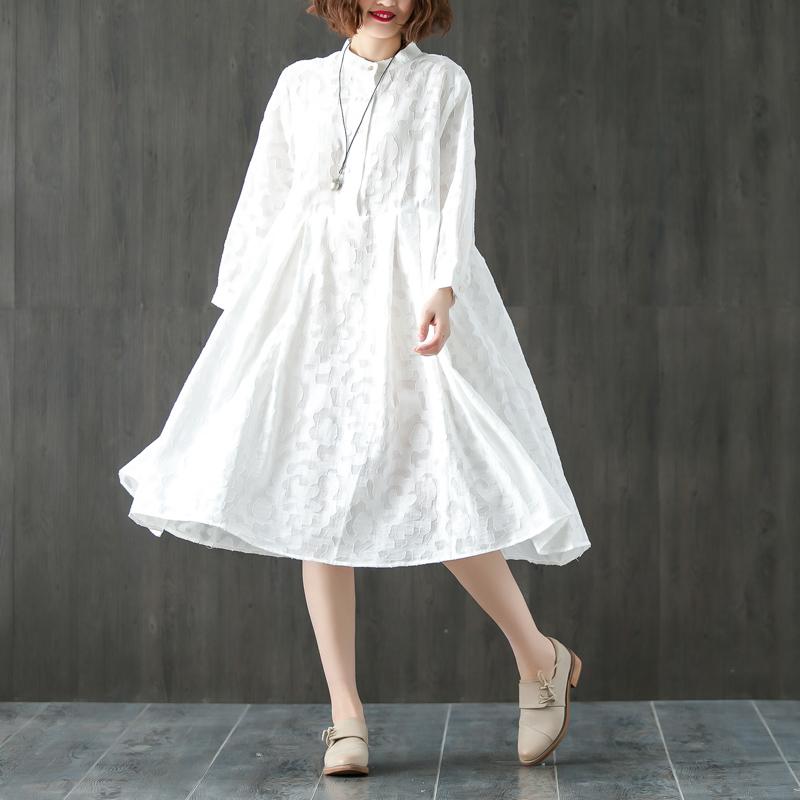 Long Sleeve Stand Collar Loose White Pleated Dress