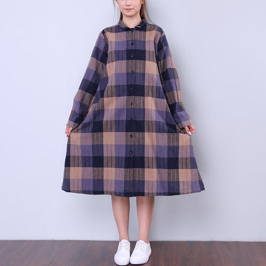 Splitting Lattice Women Cotton Linen Loose Blue Shirt Dress