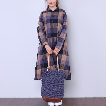Splitting Lattice Women Cotton Linen Loose Blue Shirt Dress