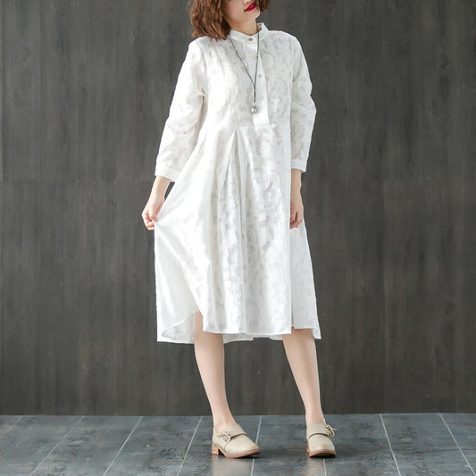 Long Sleeve Stand Collar Loose White Pleated Dress