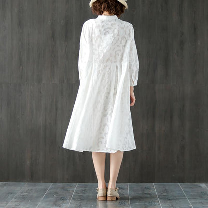 Long Sleeve Stand Collar Loose White Pleated Dress