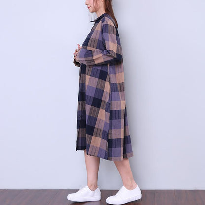 Splitting Lattice Women Cotton Linen Loose Blue Shirt Dress