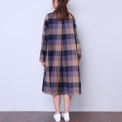 Splitting Lattice Women Cotton Linen Loose Blue Shirt Dress