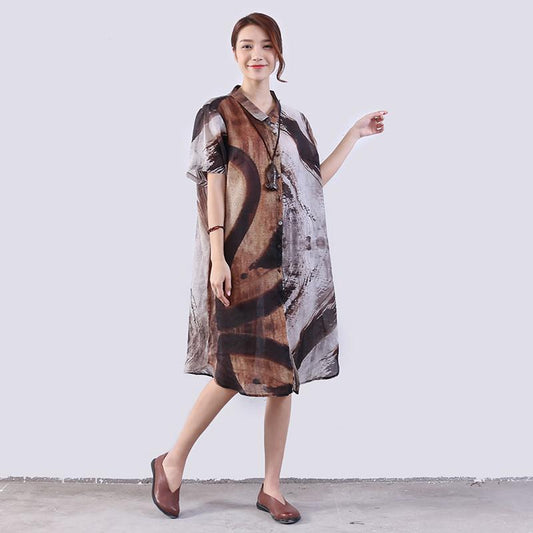 Linen Women Loose Printing Casual Gray Shirt Dress