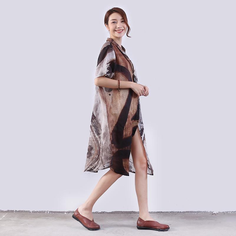 Linen Women Loose Printing Casual Gray Shirt Dress
