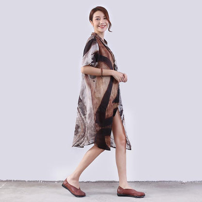 Linen Women Loose Printing Casual Gray Shirt Dress