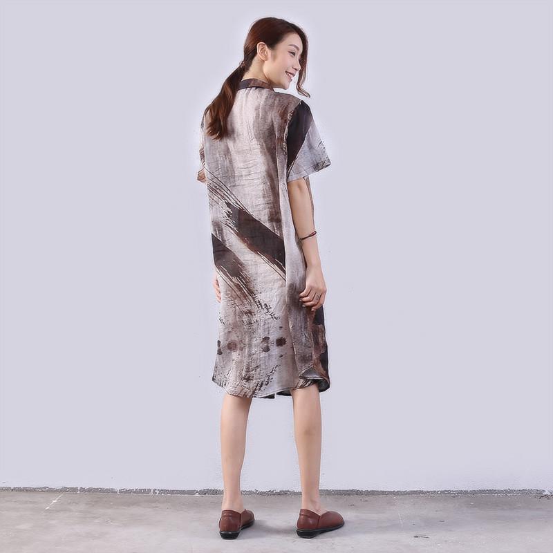 Linen Women Loose Printing Casual Gray Shirt Dress