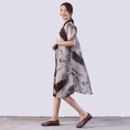 Linen Women Loose Printing Casual Gray Shirt Dress
