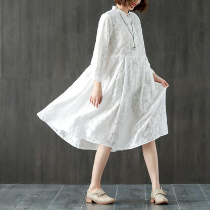 Long Sleeve Stand Collar Loose White Pleated Dress