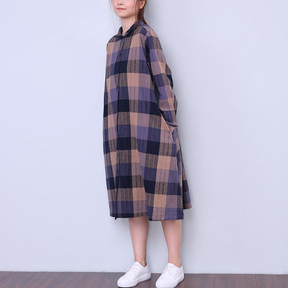 Splitting Lattice Women Cotton Linen Loose Blue Shirt Dress