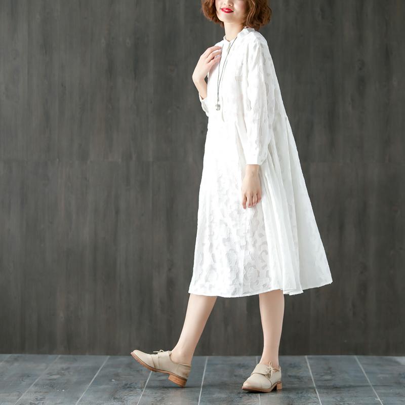 Long Sleeve Stand Collar Loose White Pleated Dress