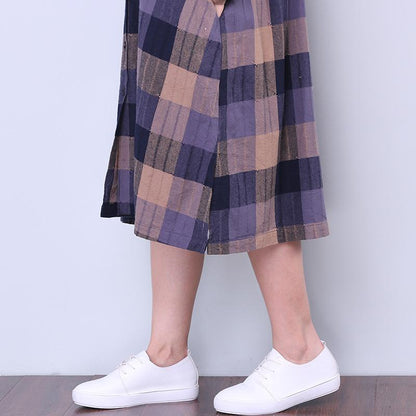 Splitting Lattice Women Cotton Linen Loose Blue Shirt Dress
