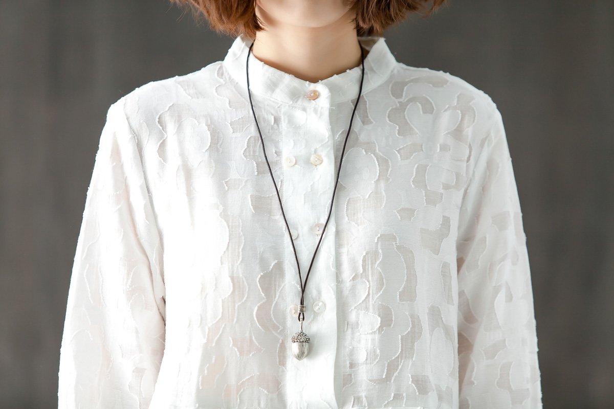 Long Sleeve Stand Collar Loose White Pleated Dress