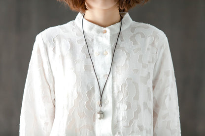 Long Sleeve Stand Collar Loose White Pleated Dress