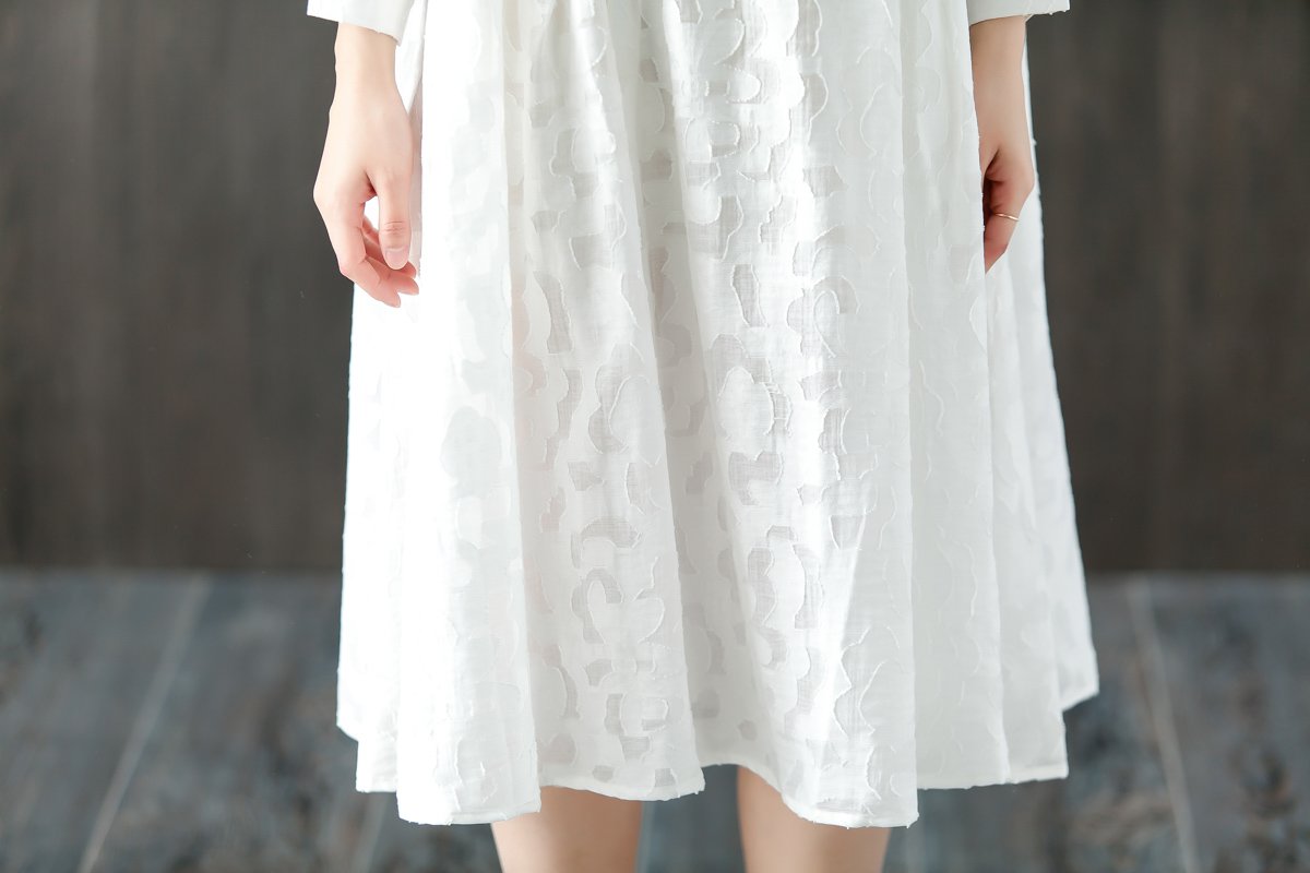 Long Sleeve Stand Collar Loose White Pleated Dress
