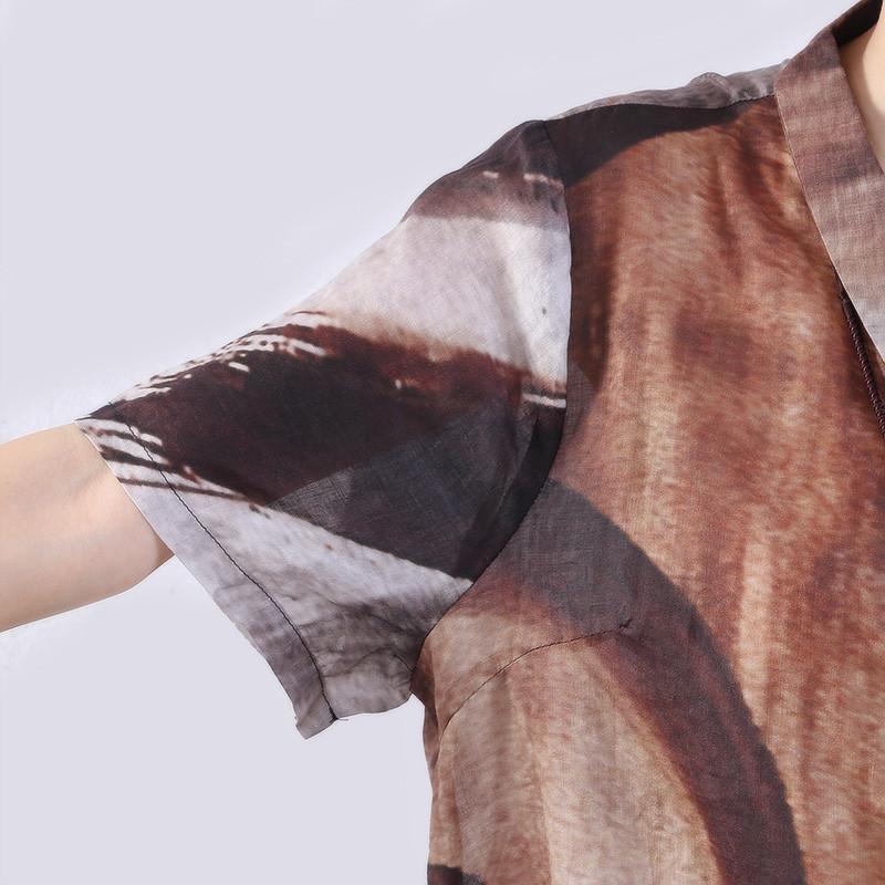 Linen Women Loose Printing Casual Gray Shirt Dress