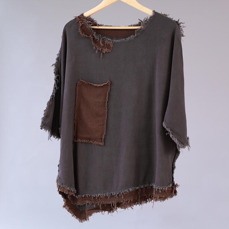 Cotton Loose Splicing Women Casual Gray Irregular Shirt