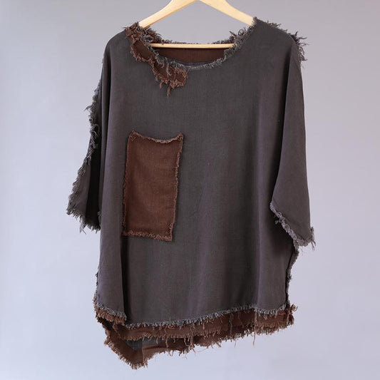Cotton Loose Splicing Women Casual Gray Irregular Shirt
