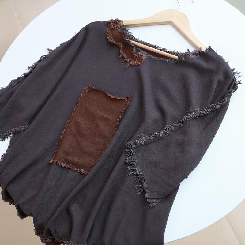 Cotton Loose Splicing Women Casual Gray Irregular Shirt
