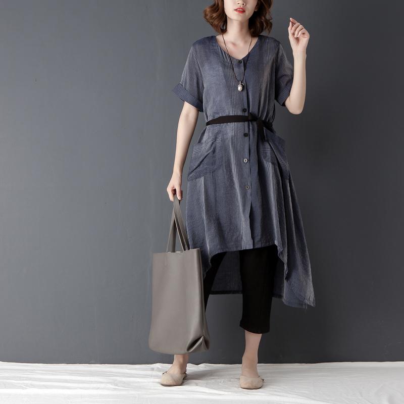 Irregular Casual Short Sleeve Lacing Navy Blue Shirt Dress