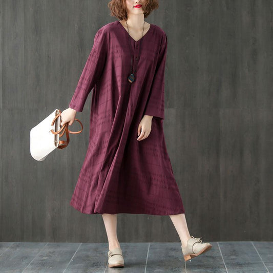 Loose Casual V Neck Long Sleeve Pleated Dress