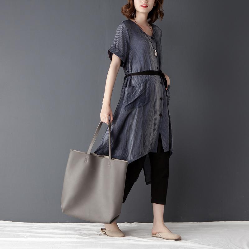 Irregular Casual Short Sleeve Lacing Navy Blue Shirt Dress