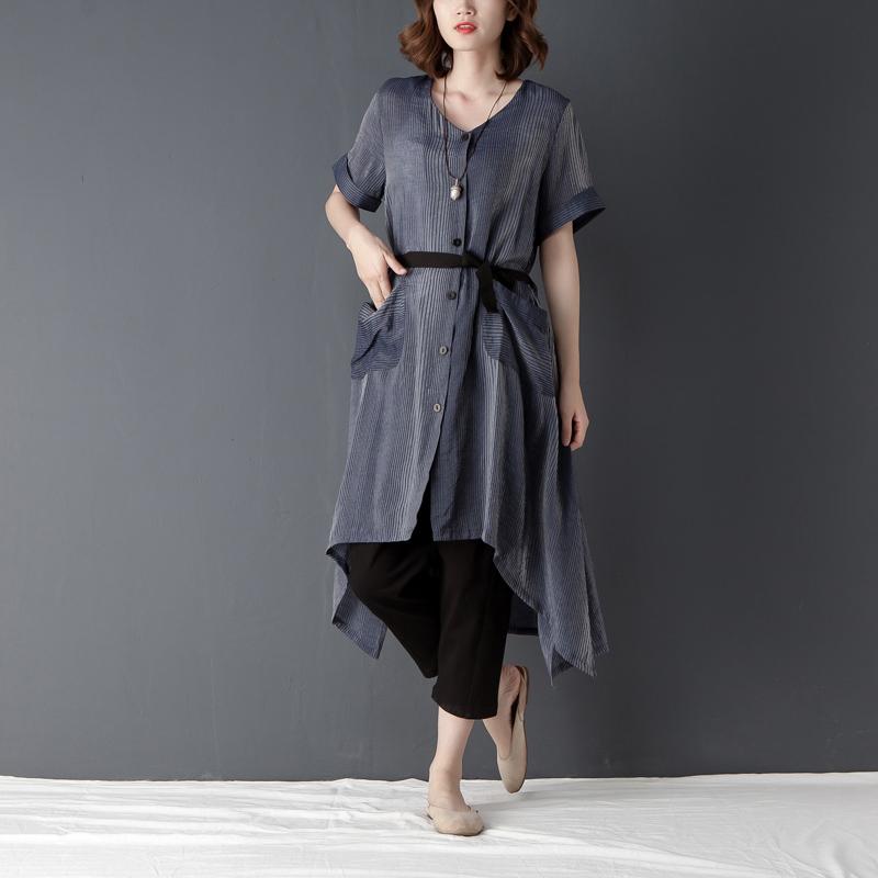 Irregular Casual Short Sleeve Lacing Navy Blue Shirt Dress