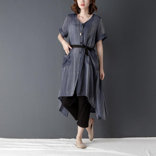 Irregular Casual Short Sleeve Lacing Navy Blue Shirt Dress