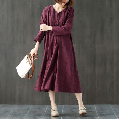 Loose Casual V Neck Long Sleeve Pleated Dress