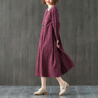 Loose Casual V Neck Long Sleeve Pleated Dress