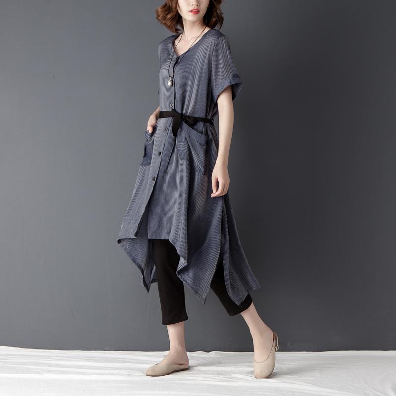 Irregular Casual Short Sleeve Lacing Navy Blue Shirt Dress