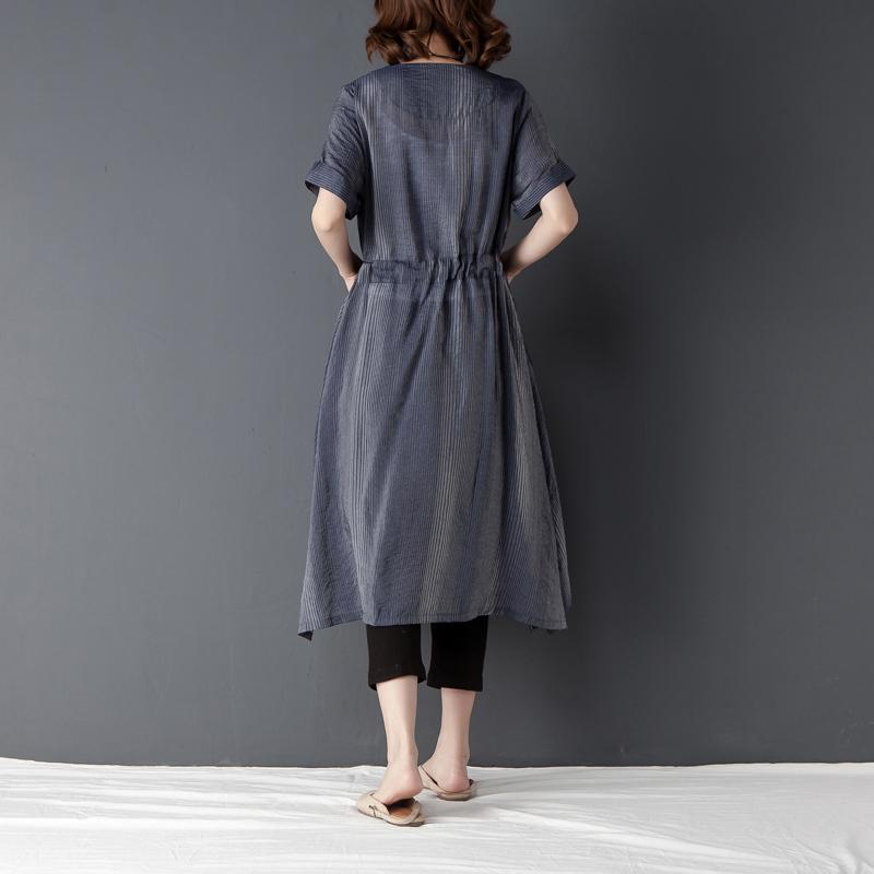 Irregular Casual Short Sleeve Lacing Navy Blue Shirt Dress
