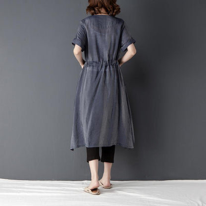 Irregular Casual Short Sleeve Lacing Navy Blue Shirt Dress