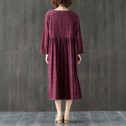 Loose Casual V Neck Long Sleeve Pleated Dress