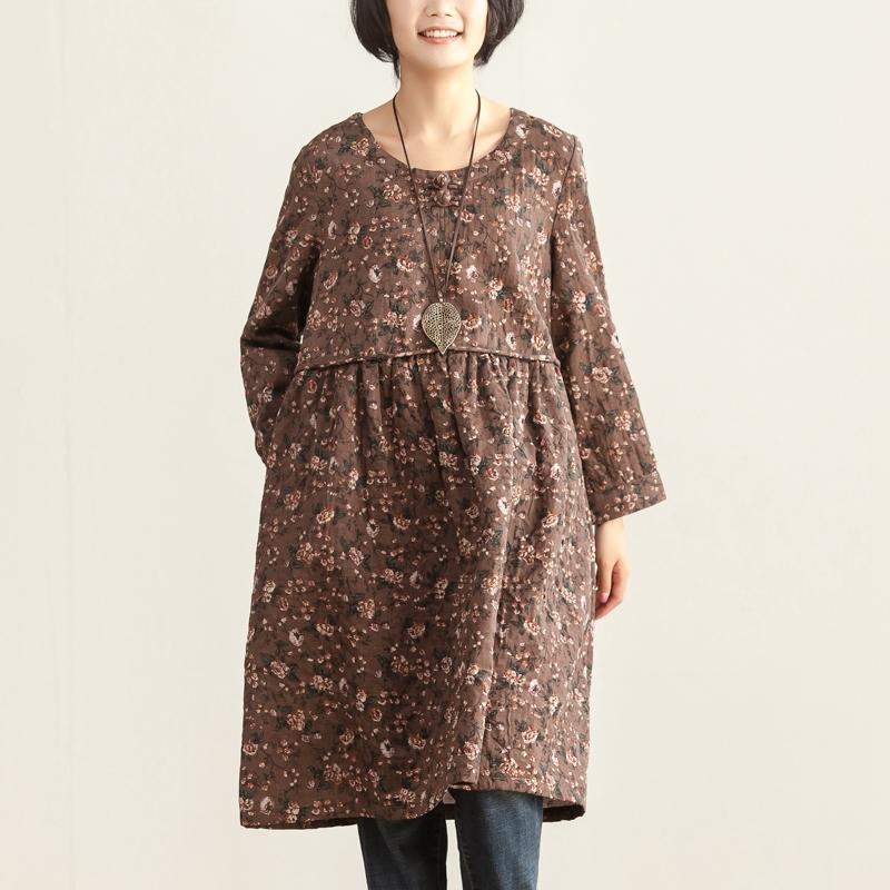Women Autumn Round Neck Long Sleeve Floral Printing Dress