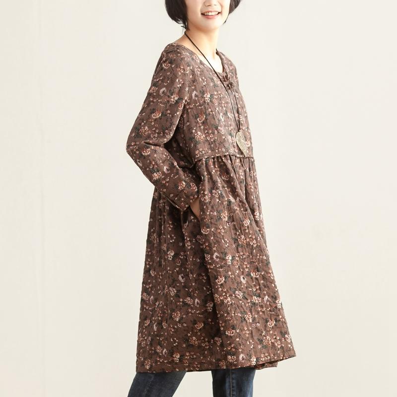 Women Autumn Round Neck Long Sleeve Floral Printing Dress