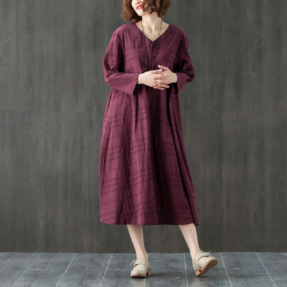 Loose Casual V Neck Long Sleeve Pleated Dress