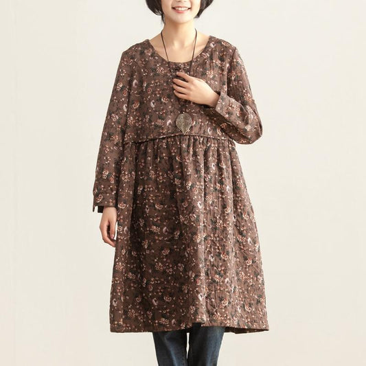 Women Autumn Round Neck Long Sleeve Floral Printing Dress