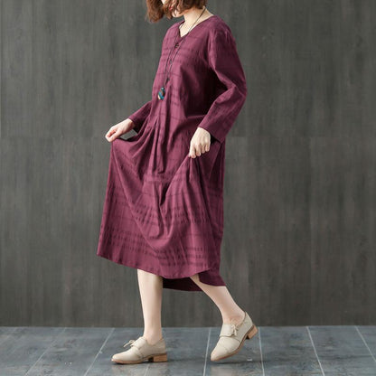 Loose Casual V Neck Long Sleeve Pleated Dress