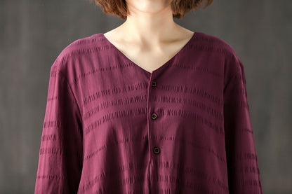 Loose Casual V Neck Long Sleeve Pleated Dress