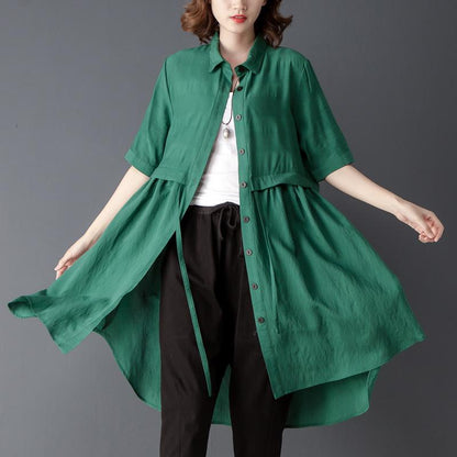 Polo Collar Short Sleeve Irregular Green Lacing Shirt