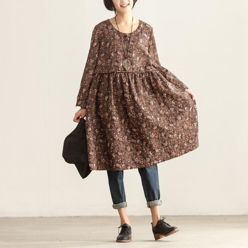 Women Autumn Round Neck Long Sleeve Floral Printing Dress