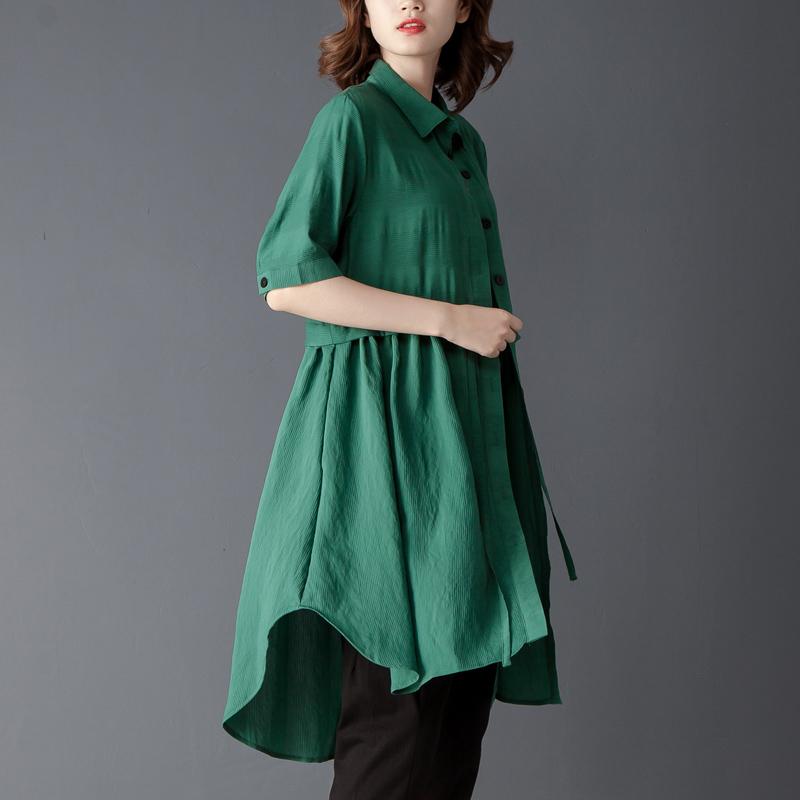 Polo Collar Short Sleeve Irregular Green Lacing Shirt